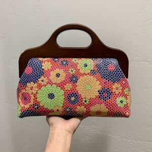 Handmade Large Genuine Cowhide Embossed Patent Wood Frame Bag & 2 Strap Styles